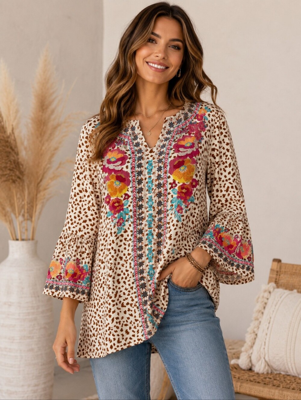 Savanna Jane Embroidered Floral Leopard Print Rayon Boho Tunic Top L